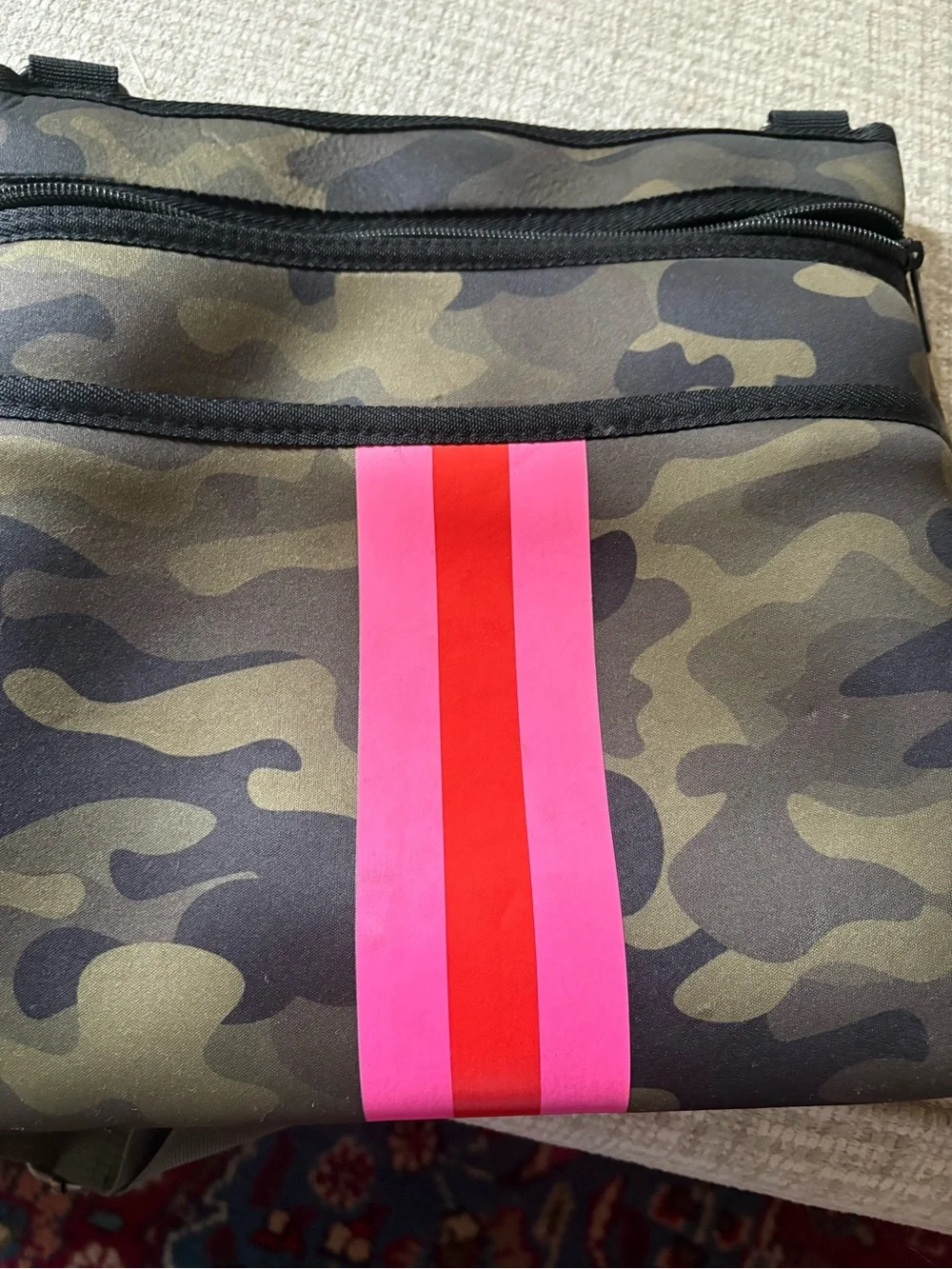 Haute Shore Camouflage Crossbody Bag with Pink & Red Stripe